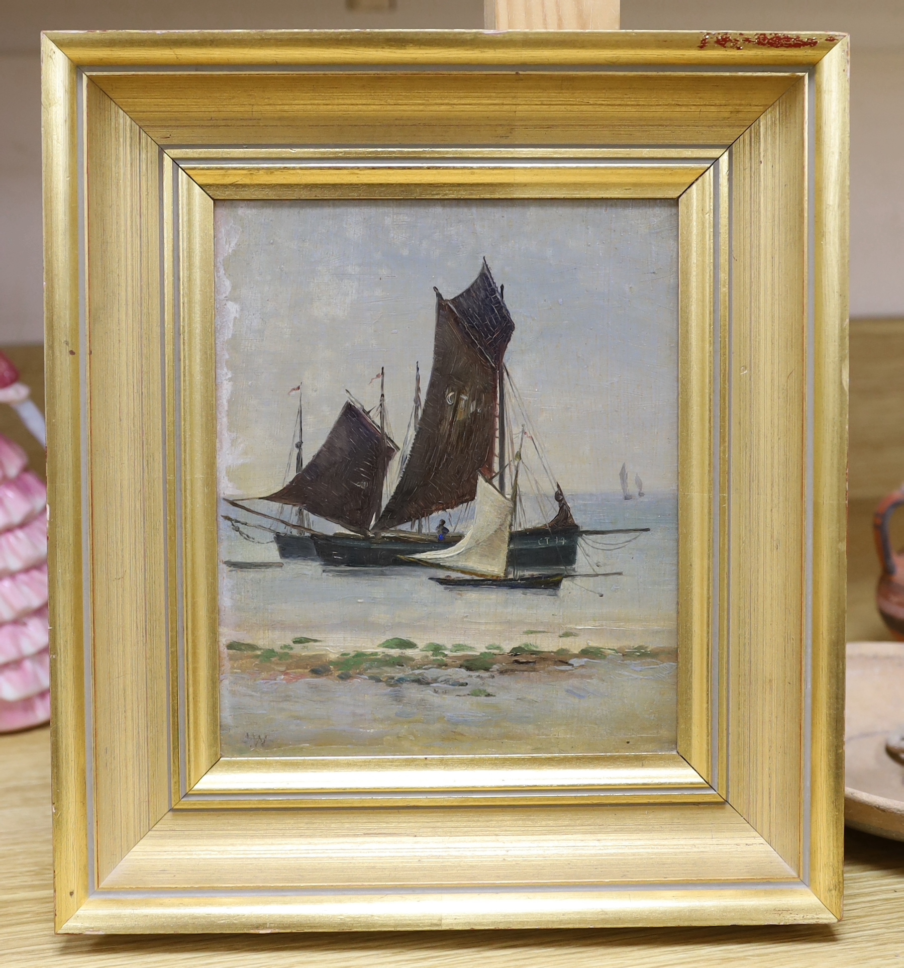 John White RI (1851-1933) oil on board, boats by the shore, initials of JW, 19 x 16 cm